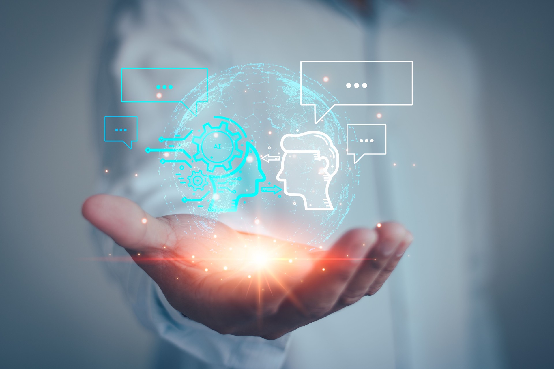 Chat bot conversation with AI for business, Artificial Intelligence concept. Human using smart robot AI tech, open command prompt to generate something, Futuristic technology digital transformation.