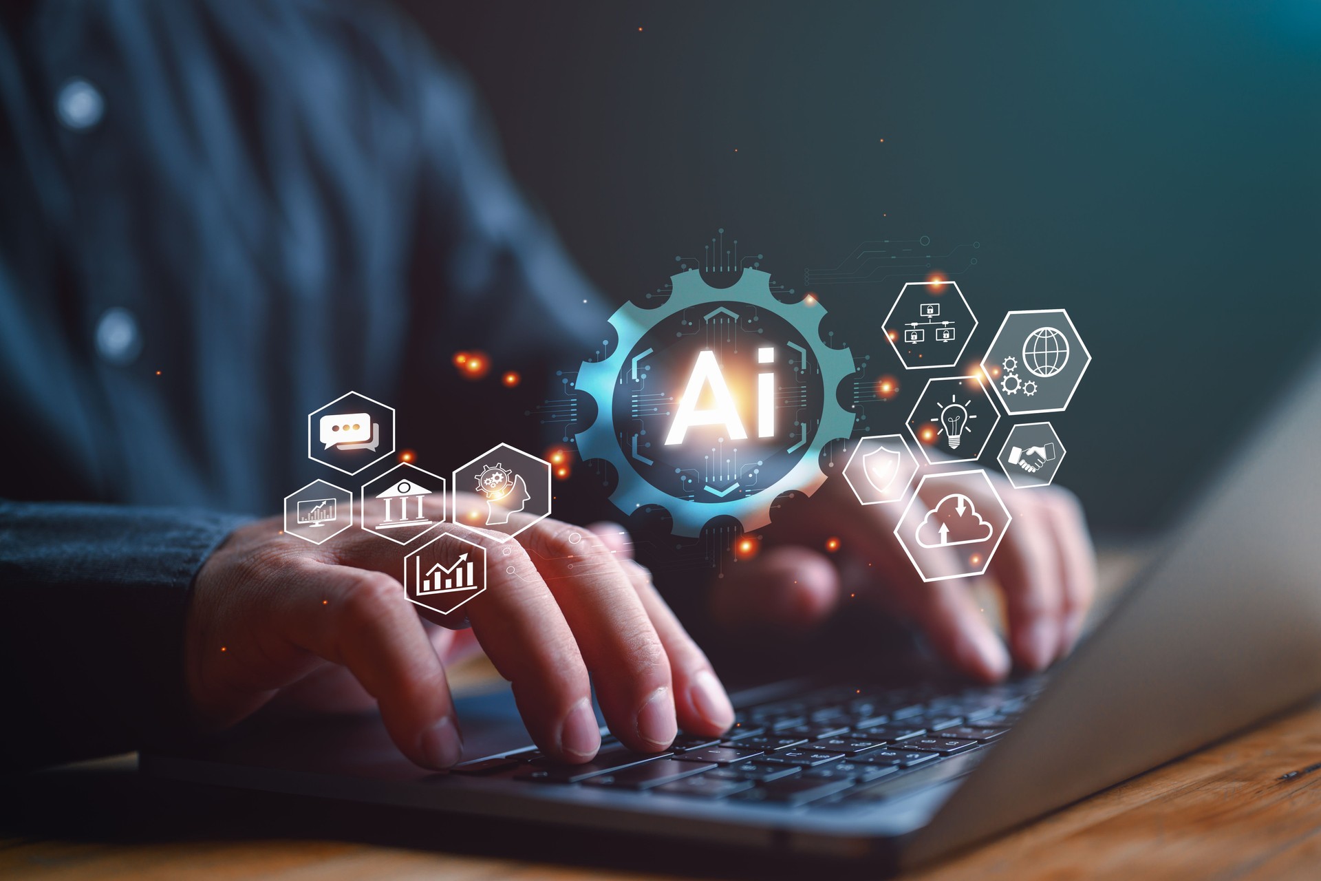 Ai technology, Artificial Intelligence. Man using technology smart robot AI, artificial intelligence by enter command prompt for generates something, Futuristic technology transformation. Chat with AI