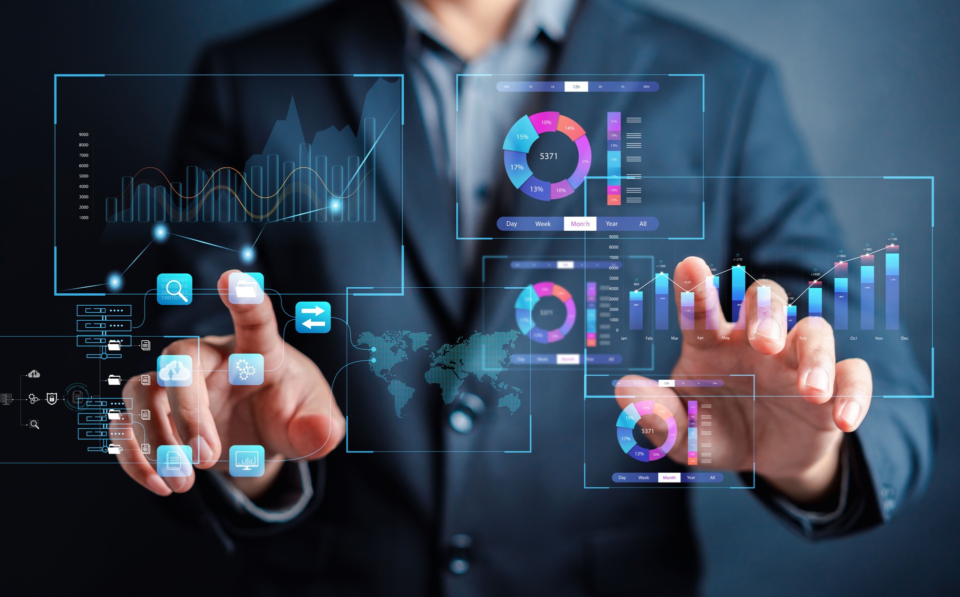 Analyst working with computer in Business Analytics and Data Management System to make report with KPI and metrics connected to database. Corporate strategy for finance, operations, sales, marketing.