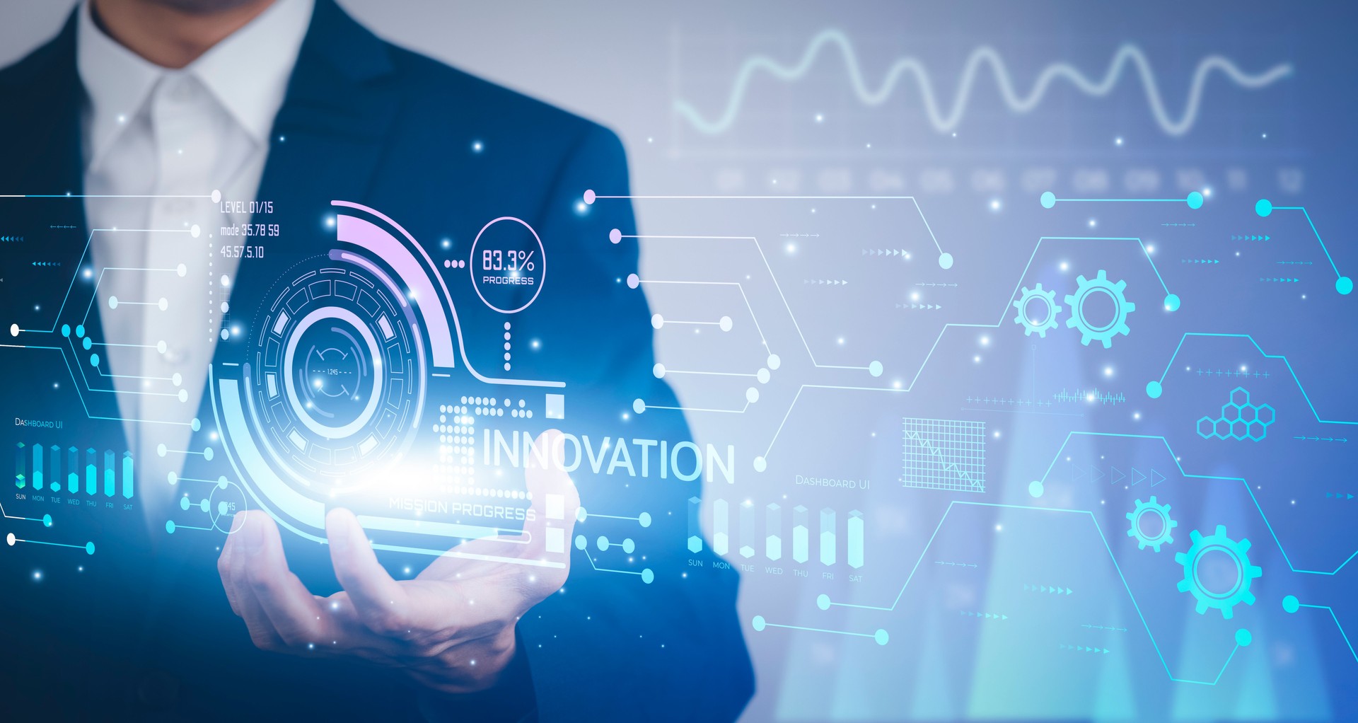 Innovation with Graphical User Interface Concept, businessman pointing on a virtual panoramic screen. Innovative ideas presented by management consultants on-screen, design, invention development